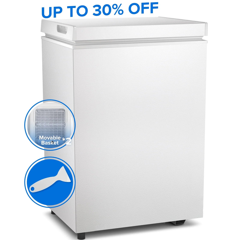 Auseo 8.7 cu. ft. Chest Deep Freezer with Adjustable Temperature. Free Standing Top Open Door Compact Freezer with 3 Removable Basket for Kitchen. Home. Bar. Garage. Office