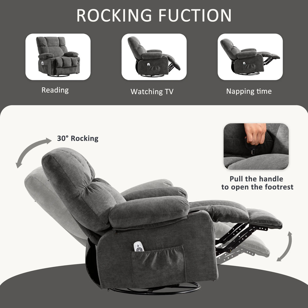 JONPONY Manual Recliner Chair with Heat Therapy and Massage Function. Heavy Duty Reclining Mechanism Massage Chair. Elderly Single Rocker Sofa with Cup Holders for Bedroom Home Theater.Grey