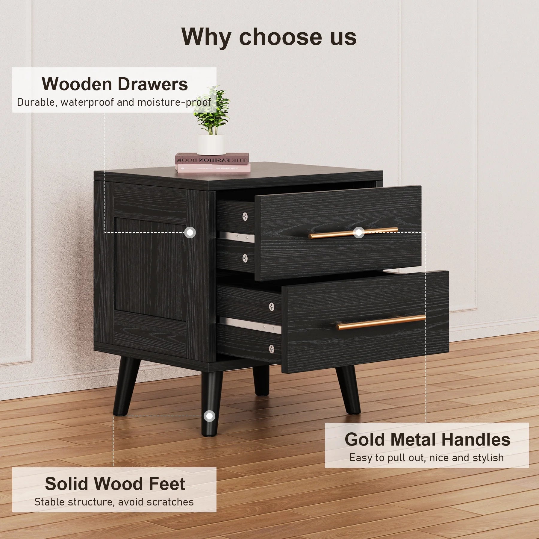 Noelse 3 Piece Bedroom Furniture Set. 6 Drawer Dresser with 2 Nightstands. Modern Wood Storage Organizer with Metal Handles for Bedroom. Living Room.Black