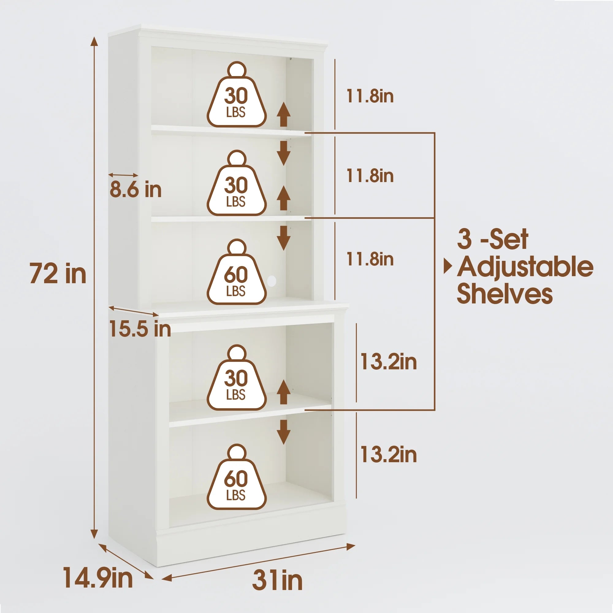Bevfint 72 Tall Bookcase. White Large Floor Standing Bookshelf. 5 Tier Shelves Open Storage Organizer. Book Case for Living Room Hallway Kitchen Home Office Bedroom. White - 5 Tier