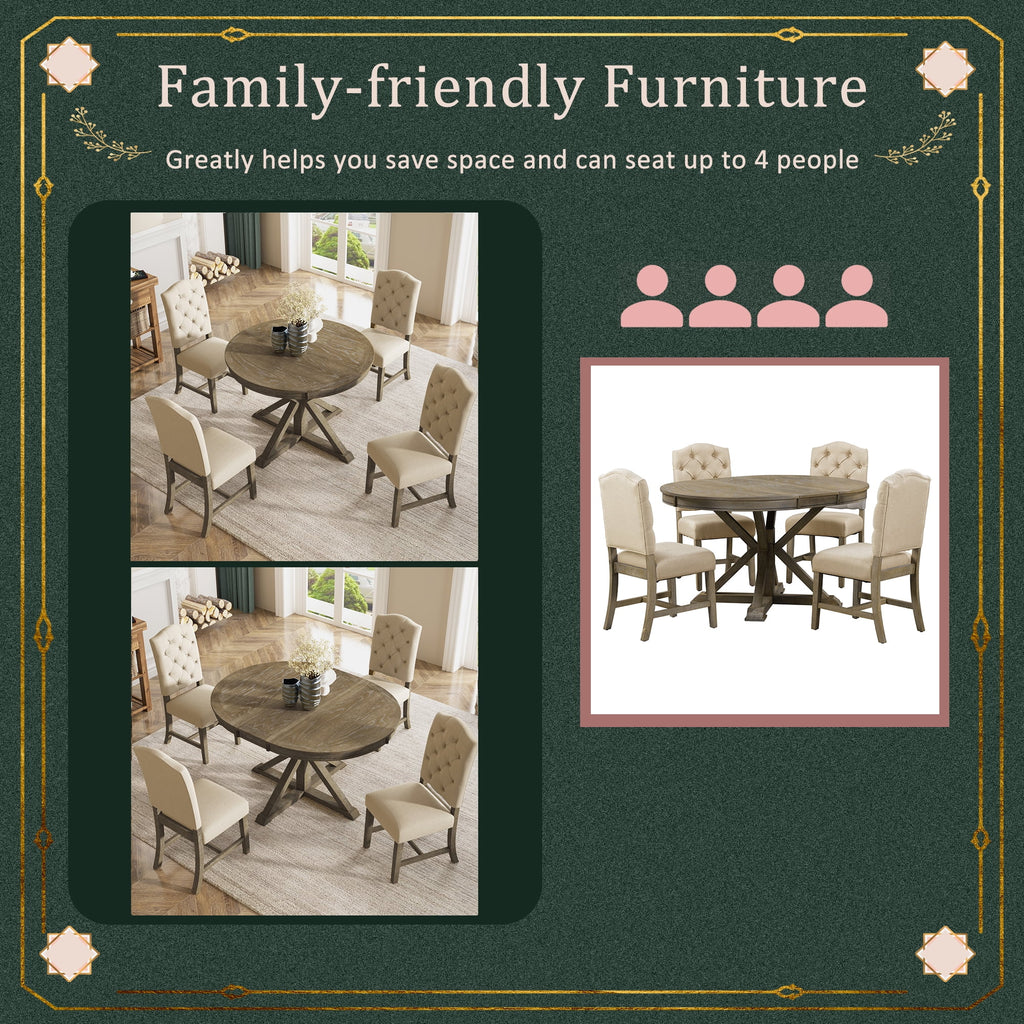 Besthome Farmhouse Extendable Round Kitchen Dining Room Table Set with Upholstered Chairs of 4. 5 Piece Round Dining Table Set with Extendable Table. Espresso