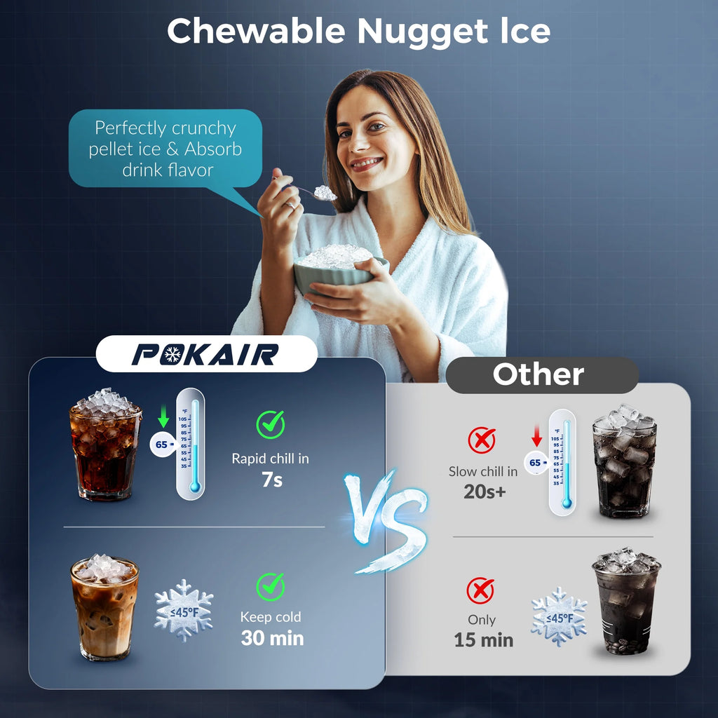 POKAIR Ice Maker. Nugget Ice Maker Portable Countertop 44lbs/Day. One-Touch Instant Ice & Self-Cleaning. Pebble Ice Machine for Home Office RV. Stainless Steel