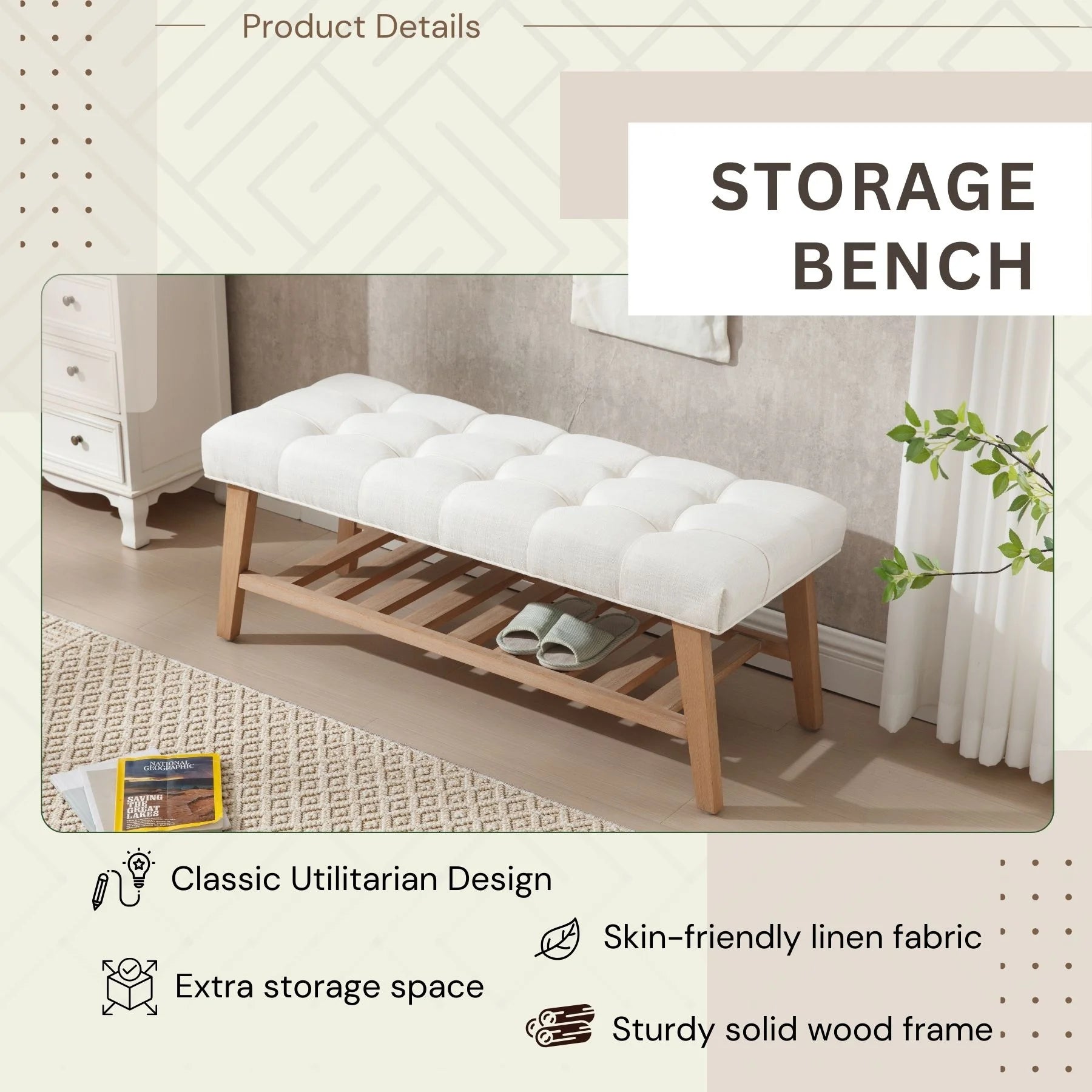 Dayalane Upholstered Storage Bench with Shoe Rack.Linen Fabric Entryway Bench for Living Room. Bedroom and Hallway. Multi Functional Ottoman with Solid Wood Shelf. Beige