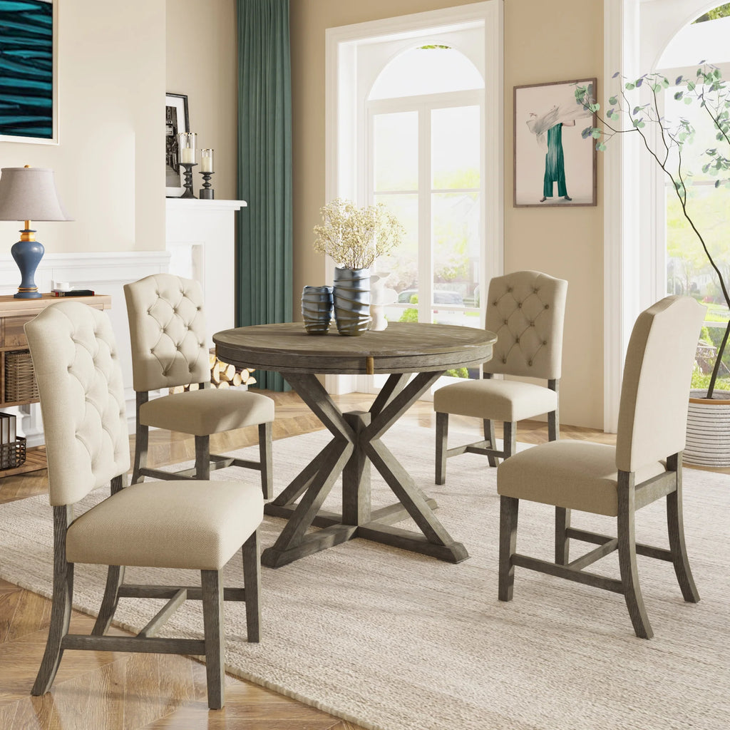 Besthome Farmhouse Extendable Round Kitchen Dining Room Table Set with Upholstered Chairs of 4. 5 Piece Round Dining Table Set with Extendable Table. Espresso