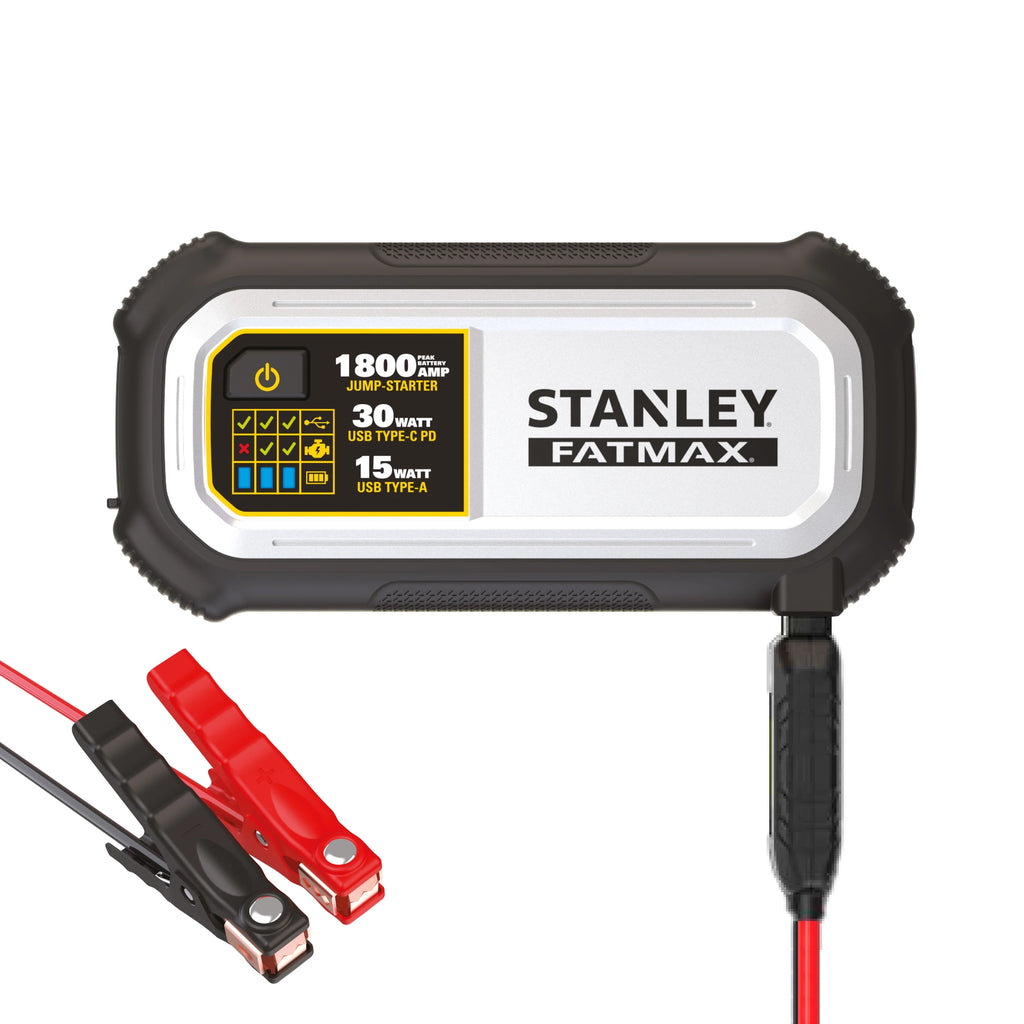 Stanley FatMax 1800A Lithium Jump Starter with 30W USB-C-PD In/Out and 15W USB-A Out. Includes Clamps