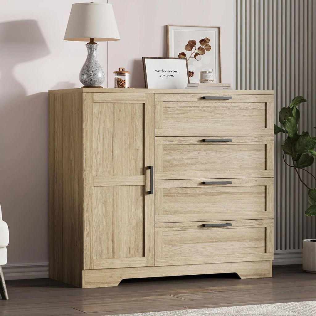 43.3 H Armoire Wardrobe Closet with 4 Drawers & Hanging Rod. Multifunctional Wood Storage Cabinet for Bedroom. Natural Oak