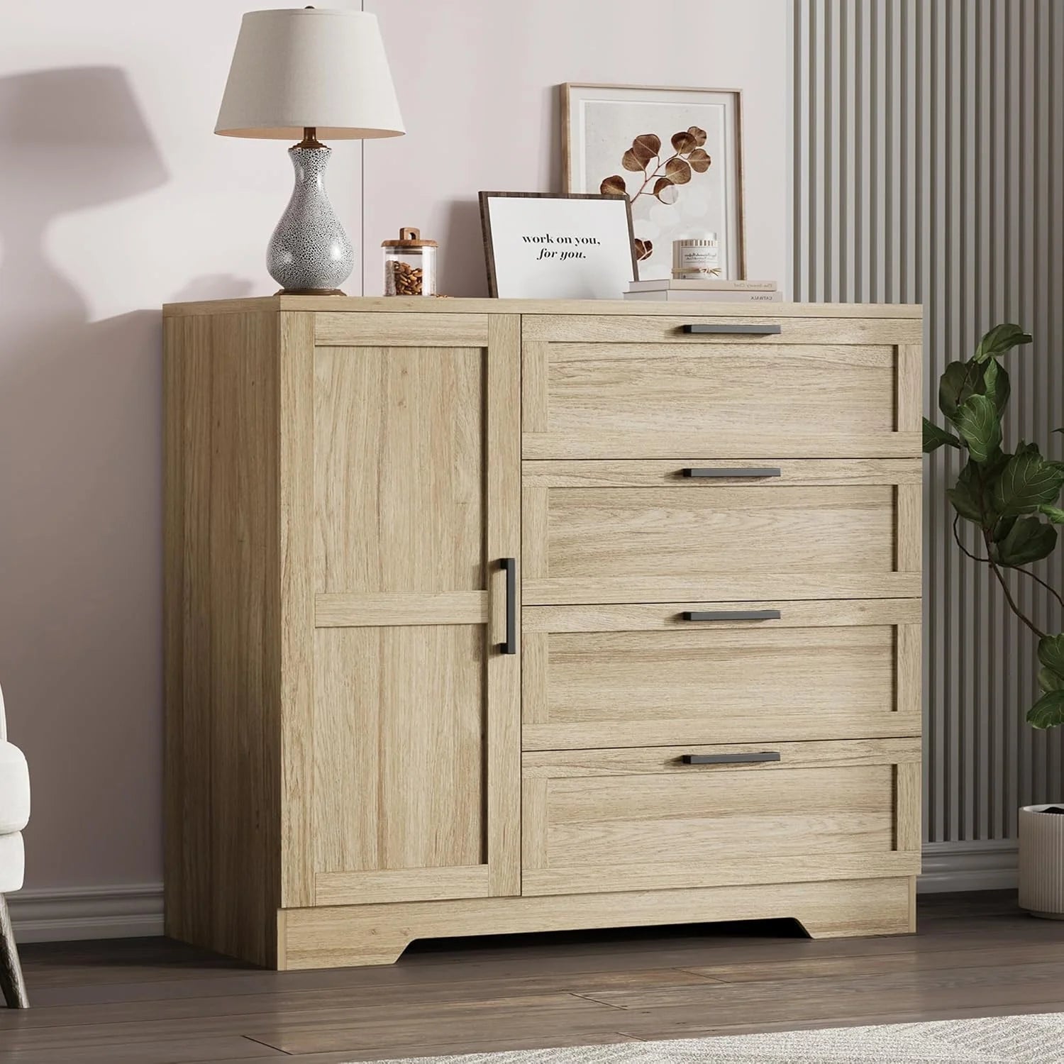43.3 H Armoire Wardrobe Closet with 4 Drawers & Hanging Rod. Multifunctional Wood Storage Cabinet for Bedroom. Natural Oak