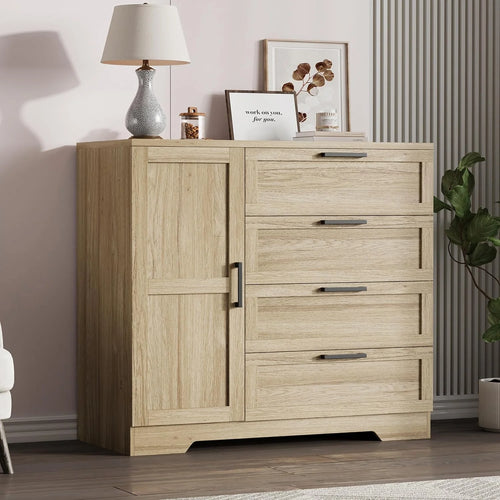 43.3 H Armoire Wardrobe Closet with 4 Drawers & Hanging Rod. Multifunctional Wood Storage Cabinet for Bedroom. Natural Oak