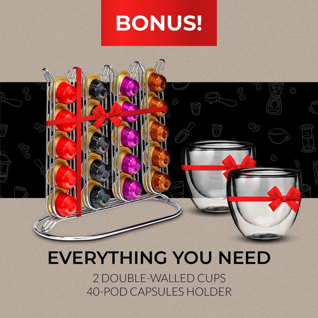 ChefWave Espresso Machine for use with Nespresso Capsules (Red). Holder and Cups