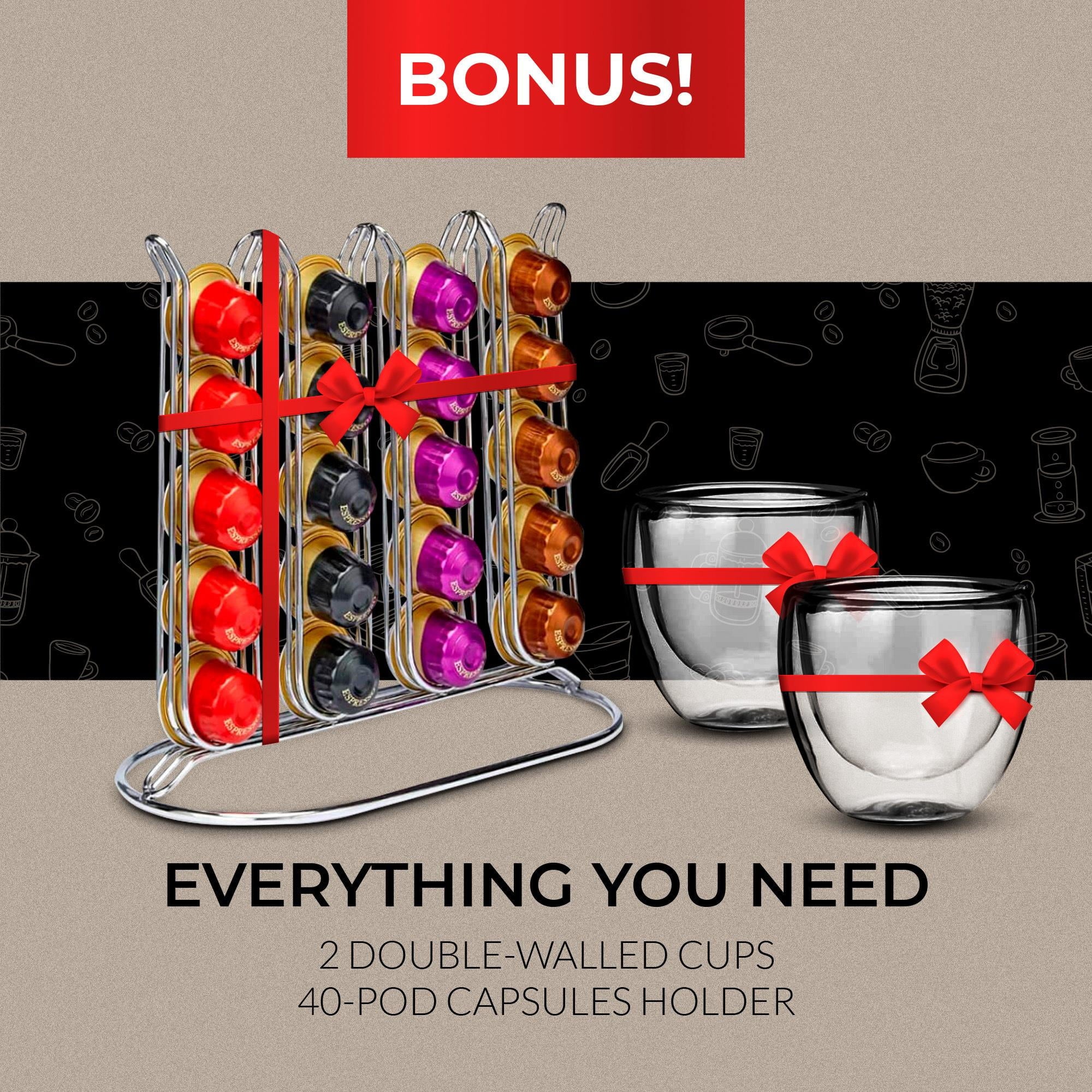ChefWave Espresso Machine for use with Nespresso Capsules (Red). Holder and Cups