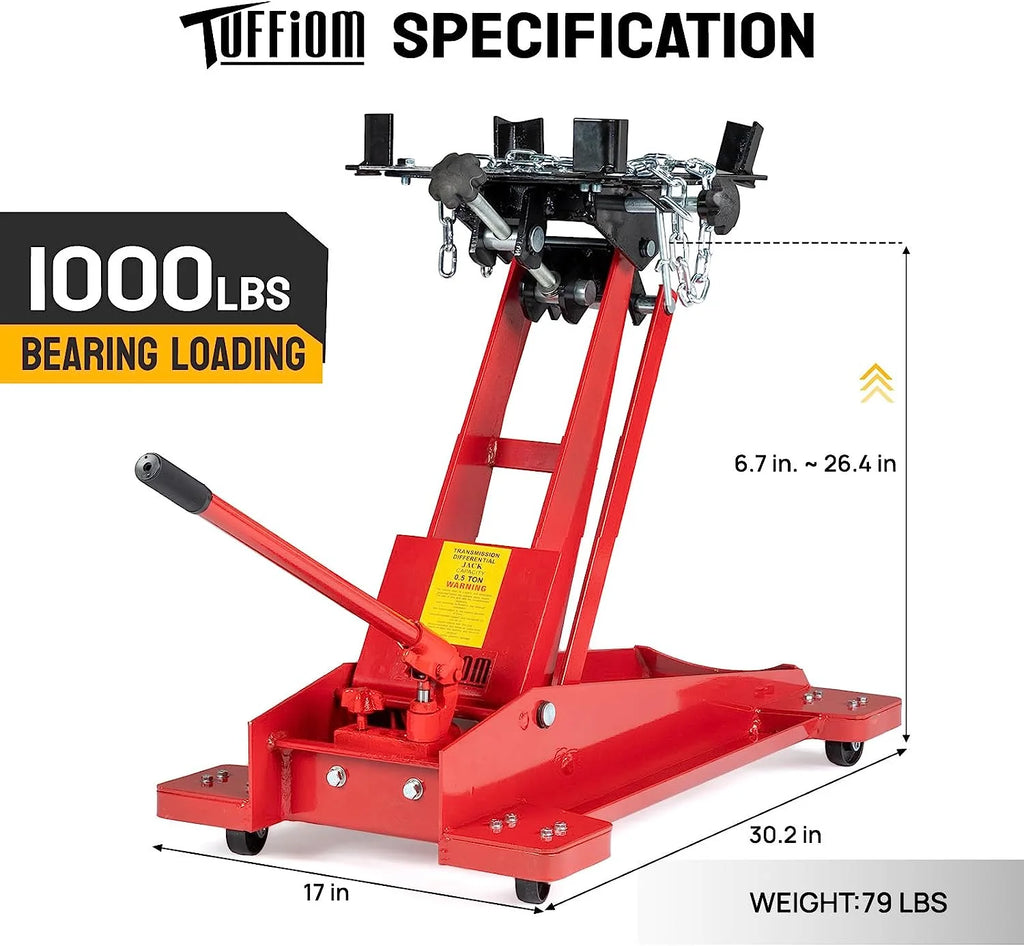 TUFFIOM Hydraulic Transmission Service/Floor Jack Lift 1/2 Ton (1.000 lb) Capacity. Low Profile Roll-Under Floor Trolley. Automotive Shop Tool Hoist Lift Lifting Jack. Red