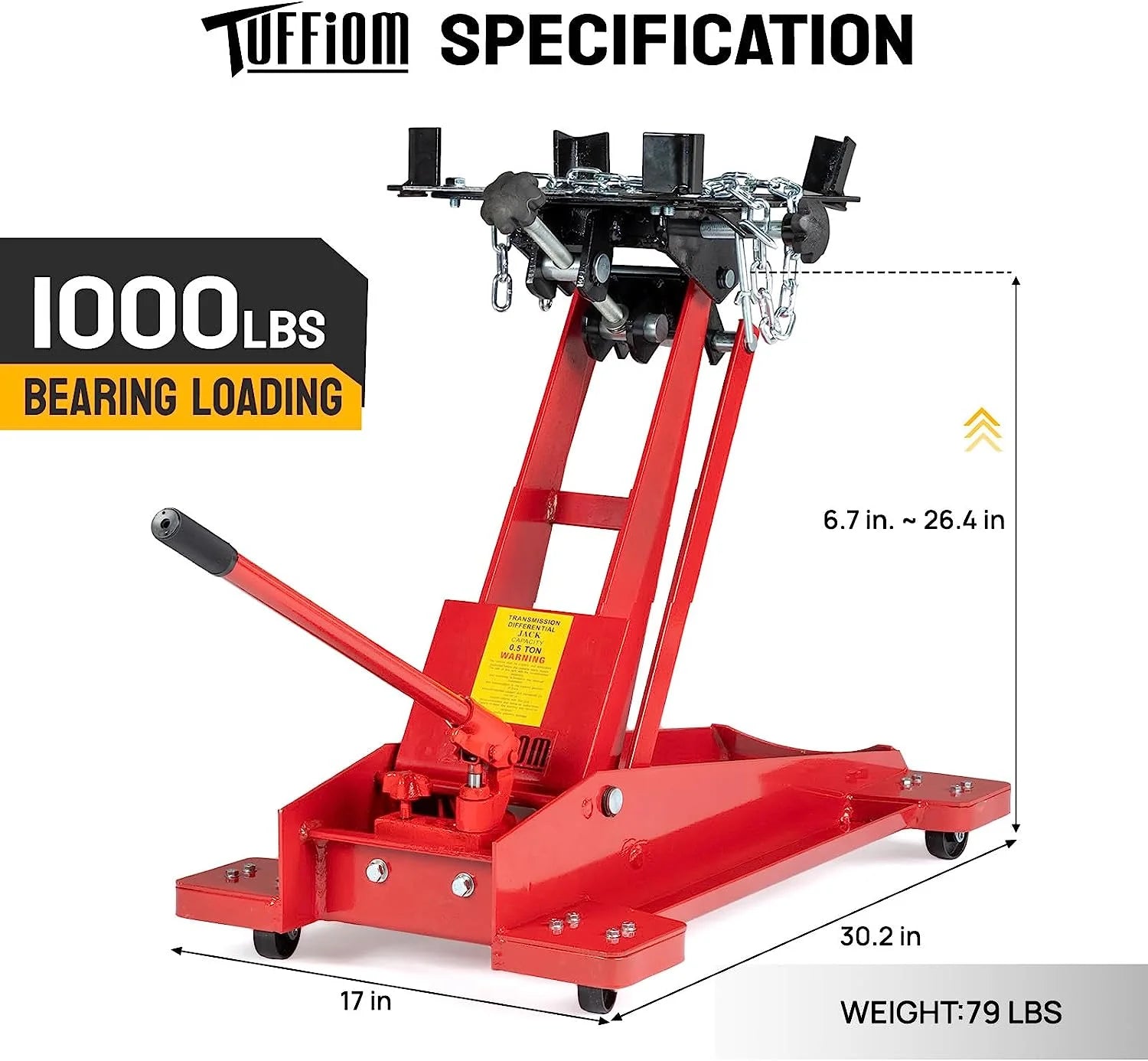 TUFFIOM Hydraulic Transmission Service/Floor Jack Lift 1/2 Ton (1.000 lb) Capacity. Low Profile Roll-Under Floor Trolley. Automotive Shop Tool Hoist Lift Lifting Jack. Red
