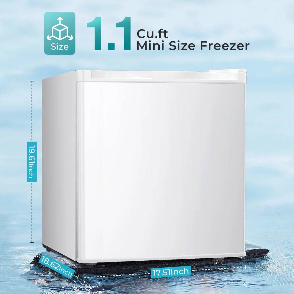 WAA Mini Freezer.1.1 Cu.ft Upright Freezer with Reversible Single Door.Removable Shelves.Small Freezer with Adjustable Thermostat for Home/Kitchen/Office (White)