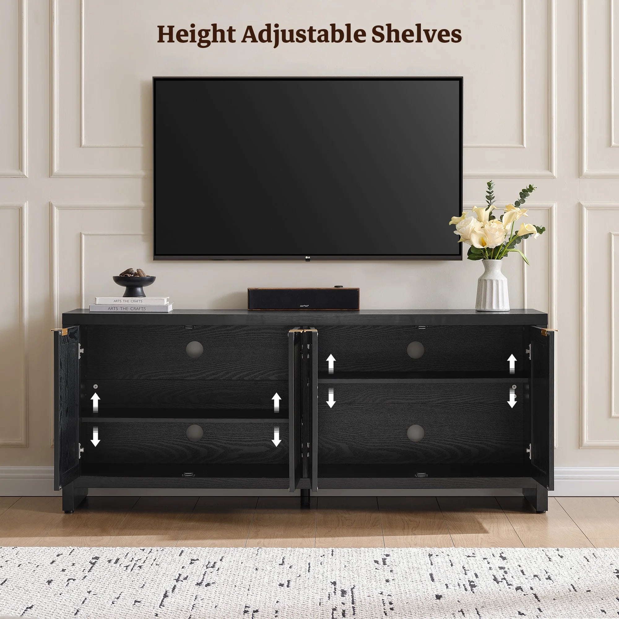 SICOTAS 61.5W Rattan TV Stand with 4 Doors. Boho Entertainment Center with Adjustable Shelves & Spacious Countertop �C Large Boho Farmhouse Media Console for Living Room. Reclaimed Caramel Oak