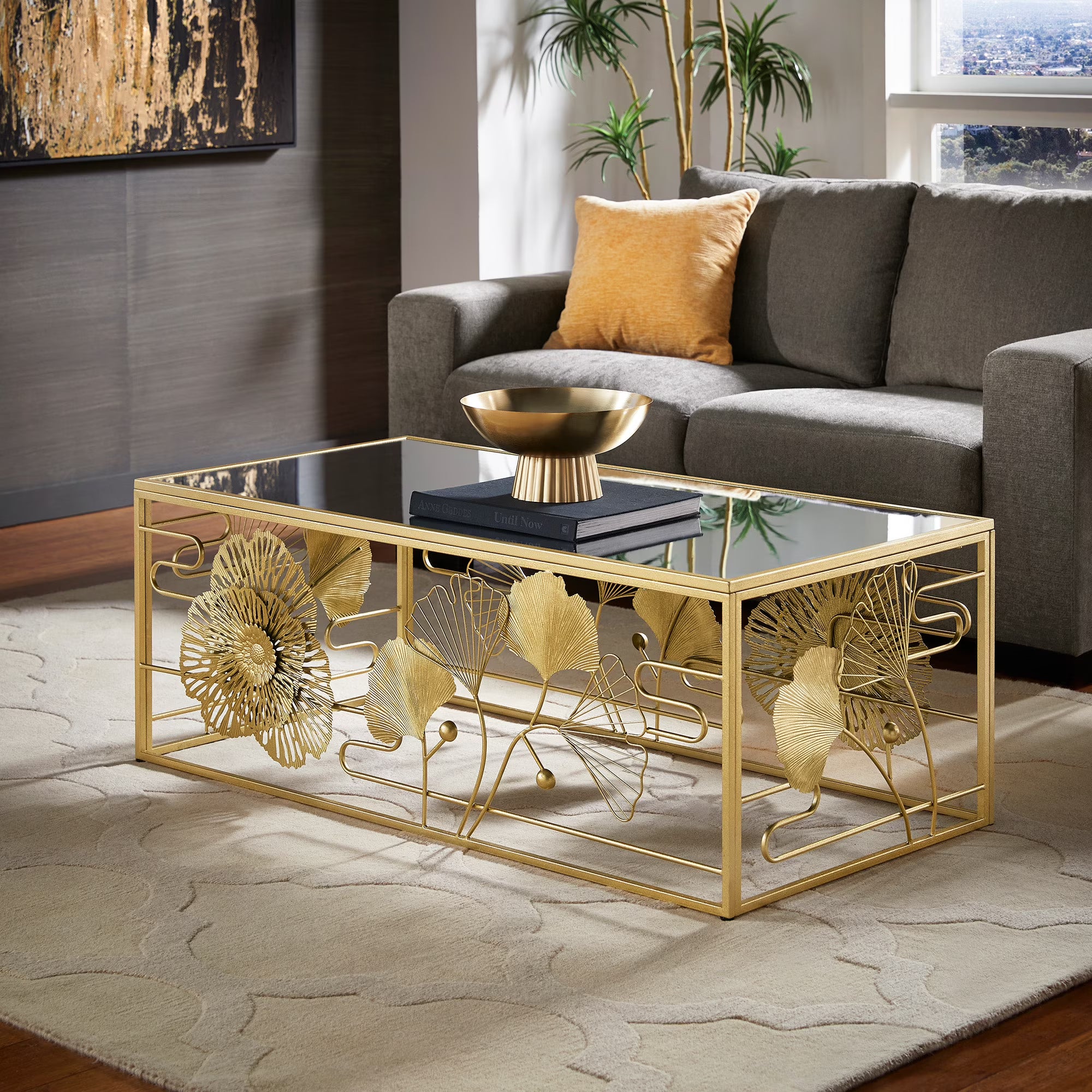Weston Home Ditmas Glam Peony and Ginkgo Rectangular Coffee Table with Mirror Top. Gold