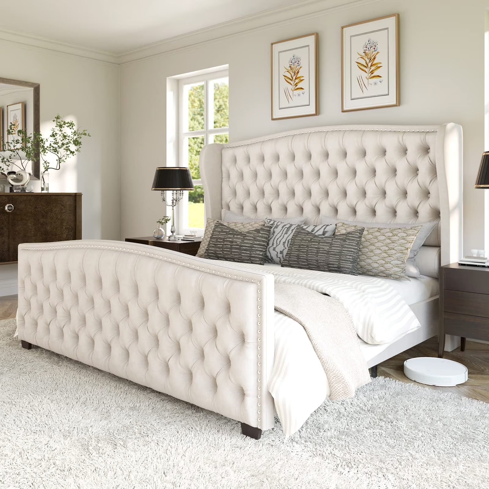 VANACC Queen Size Bed Frame. Velvet Upholstered Bed with Deep Button Tufted Wingback Headboard��Grey