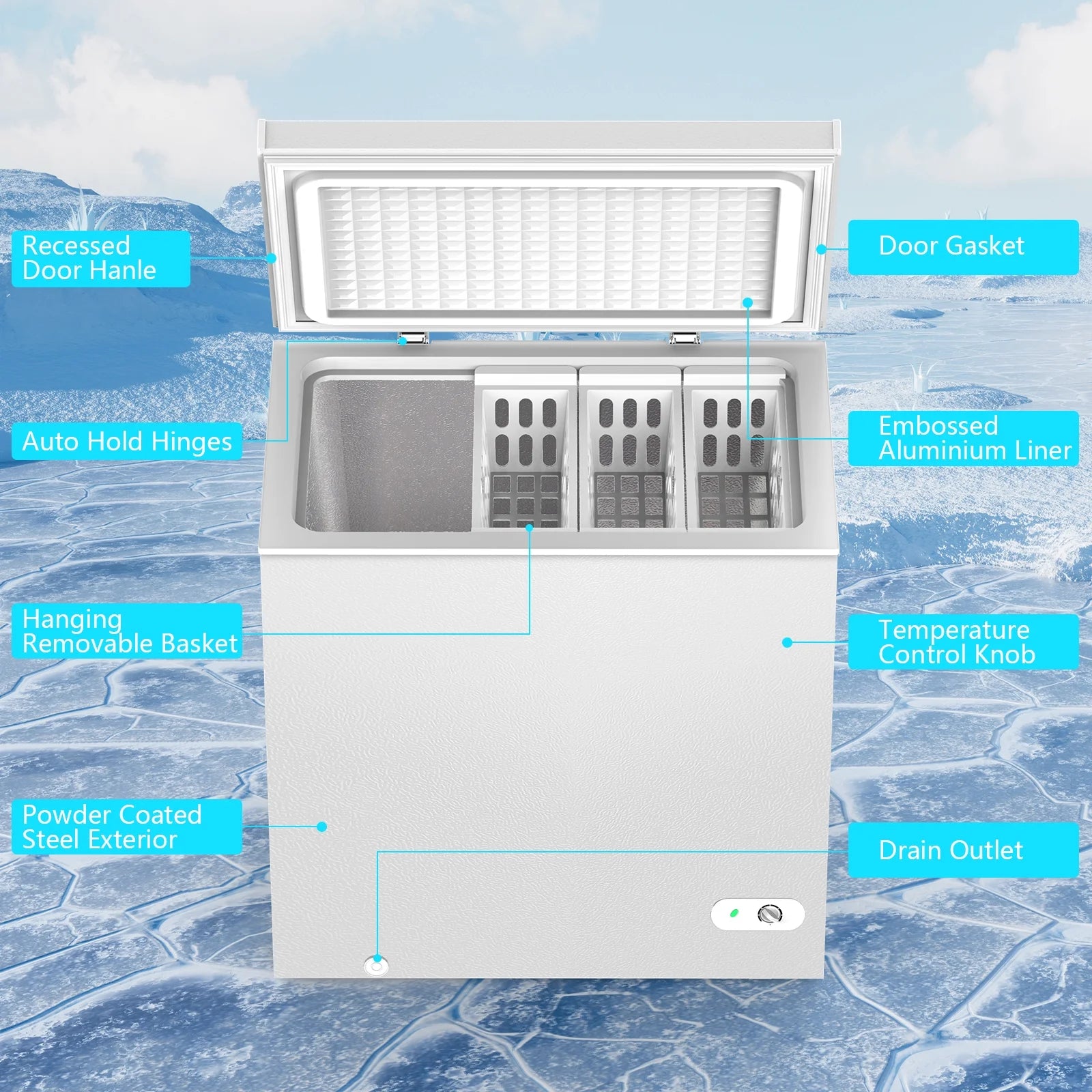 KNDKO 7.0 cu.ft. Chest Freezer with Adjustable Temperature. Free Standing Top Open Door Compact Freezer with Removable Basket for Kitchen/Home/Bar/Garage/Office