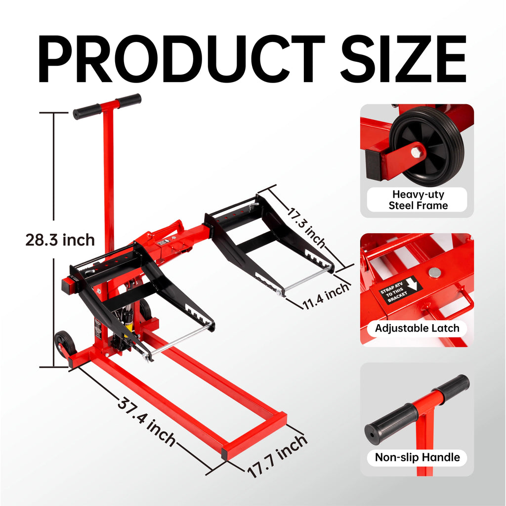 300lb Capacity. Adjustable Riding Lift Jack Heavy Duty Construction with Safety Lock. Non-Slip Wheels&Handle for Tractors. Atvs and Zero Turn Lawn Mowers
