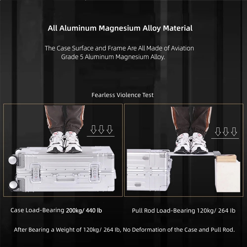 All Aluminum Magnesium Hardshell Carry on Luggage with Wheels. Modern Zipperless Hardshell Checked Luggage with TSA Lock. Airline Approved Metal Suitcase Travel Metal Rolling Luggage
