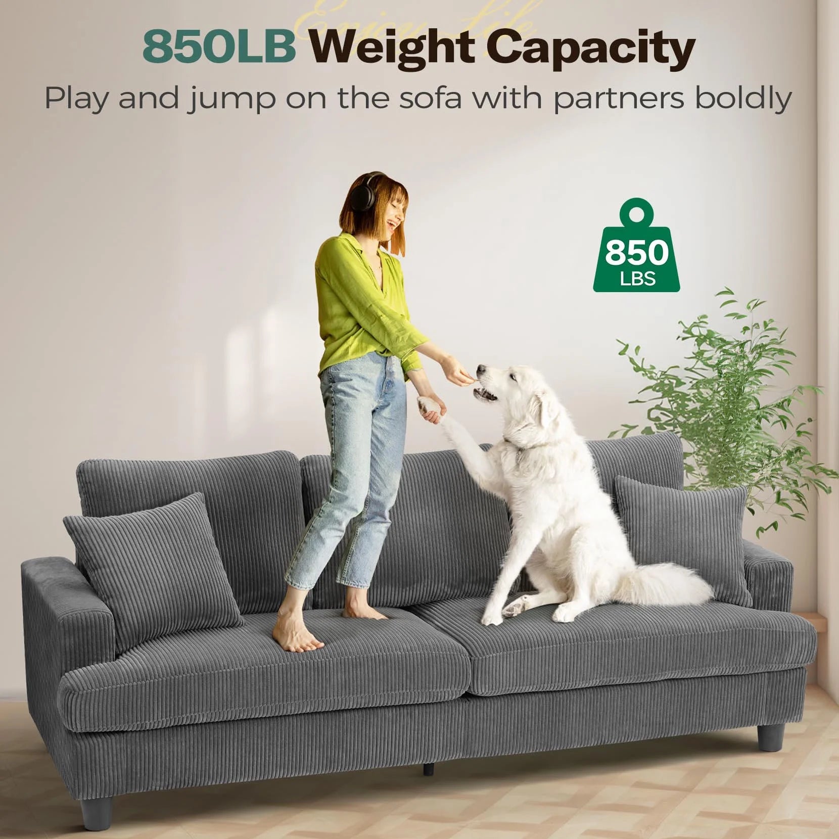 87 Corduroy Sofa.3 Seater Sofa with Extra Deep Seats.Neche Comfy Upholstered Couch for Living Room.2 Pillows.Green