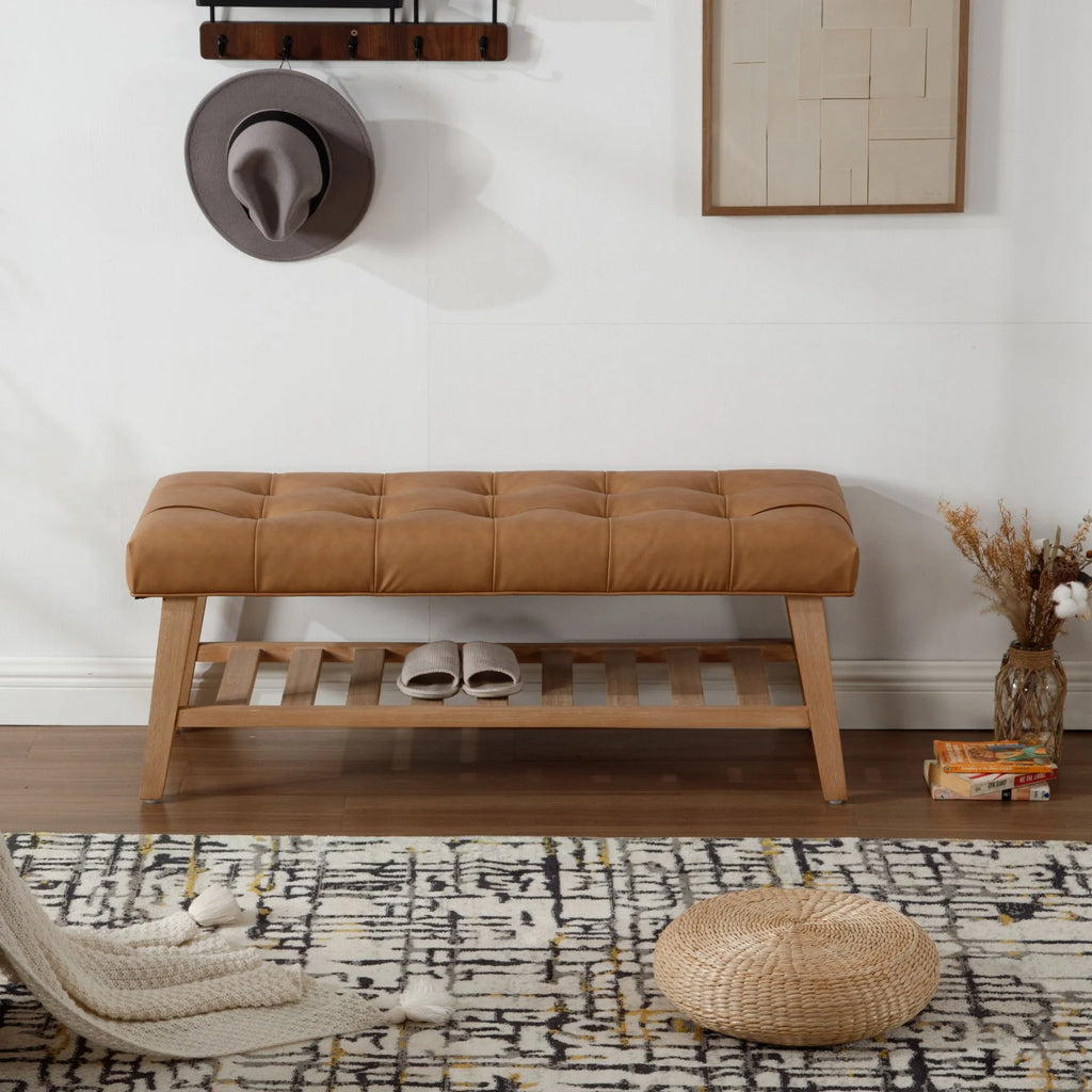 Dayalane Upholstered Storage Bench with Shoe Rack.Linen Fabric Entryway Bench for Living Room. Bedroom and Hallway. Multi Functional Ottoman with Solid Wood Shelf. Beige