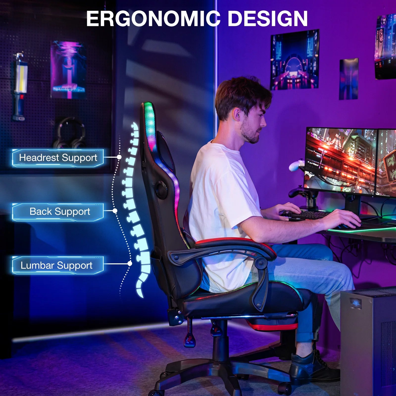 HOFFREE Big and Tall Gaming Chair with Speakers and RGB Lights. Gamer Chair with Footrest. Lumbar Support Height Adjustable 360-Swivel Seat and Headrest for Adults. 400lbs
