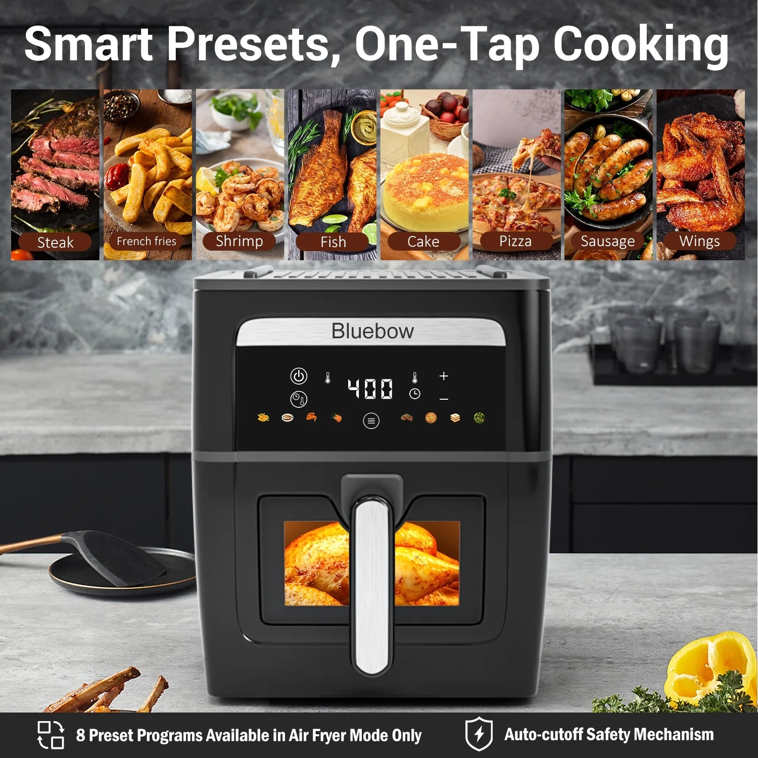 Bluebow 9QT  Air Fryer & Grill Pan Combo. Large Capacity. 8 Preset Functions. Non Toxic. Non-Stick. View Window. Black