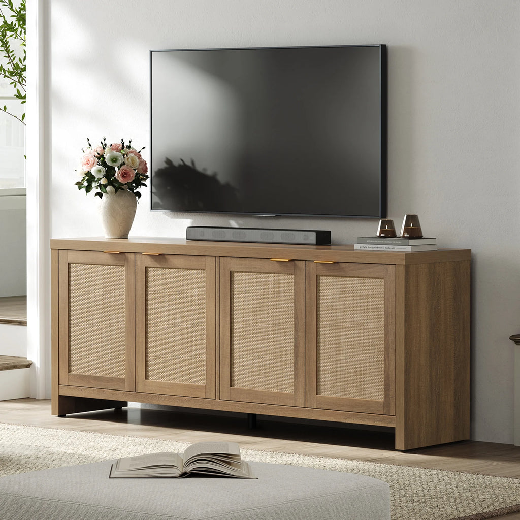 SICOTAS 61.5W Rattan TV Stand with 4 Doors. Boho Entertainment Center with Adjustable Shelves & Spacious Countertop �C Large Boho Farmhouse Media Console for Living Room. Reclaimed Caramel Oak