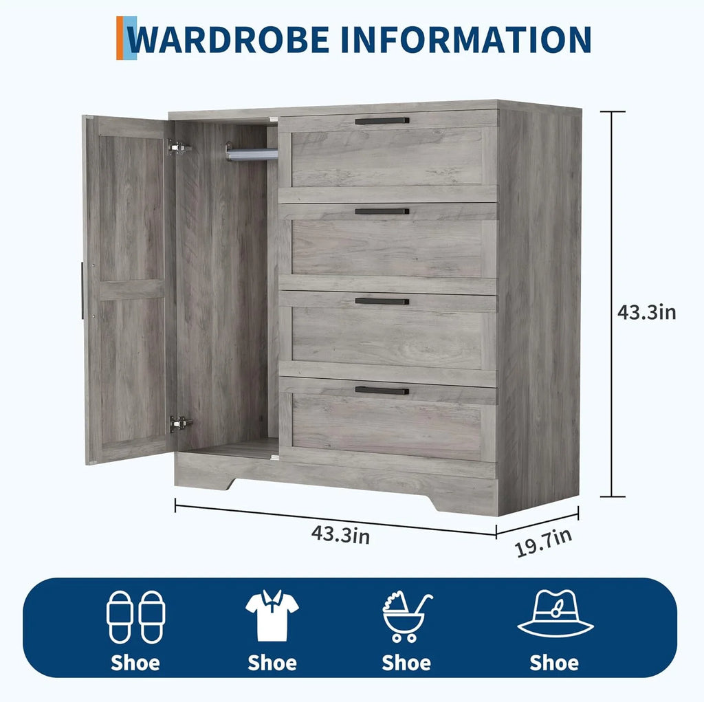 43.3 H Armoire Wardrobe Closet with 4 Drawers & Hanging Rod. Multifunctional Wood Storage Cabinet for Bedroom. Natural Oak
