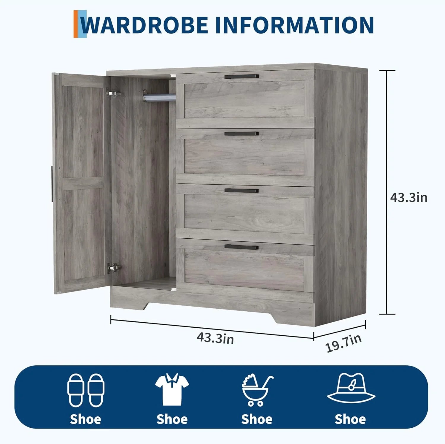 43.3 H Armoire Wardrobe Closet with 4 Drawers & Hanging Rod. Multifunctional Wood Storage Cabinet for Bedroom. Natural Oak