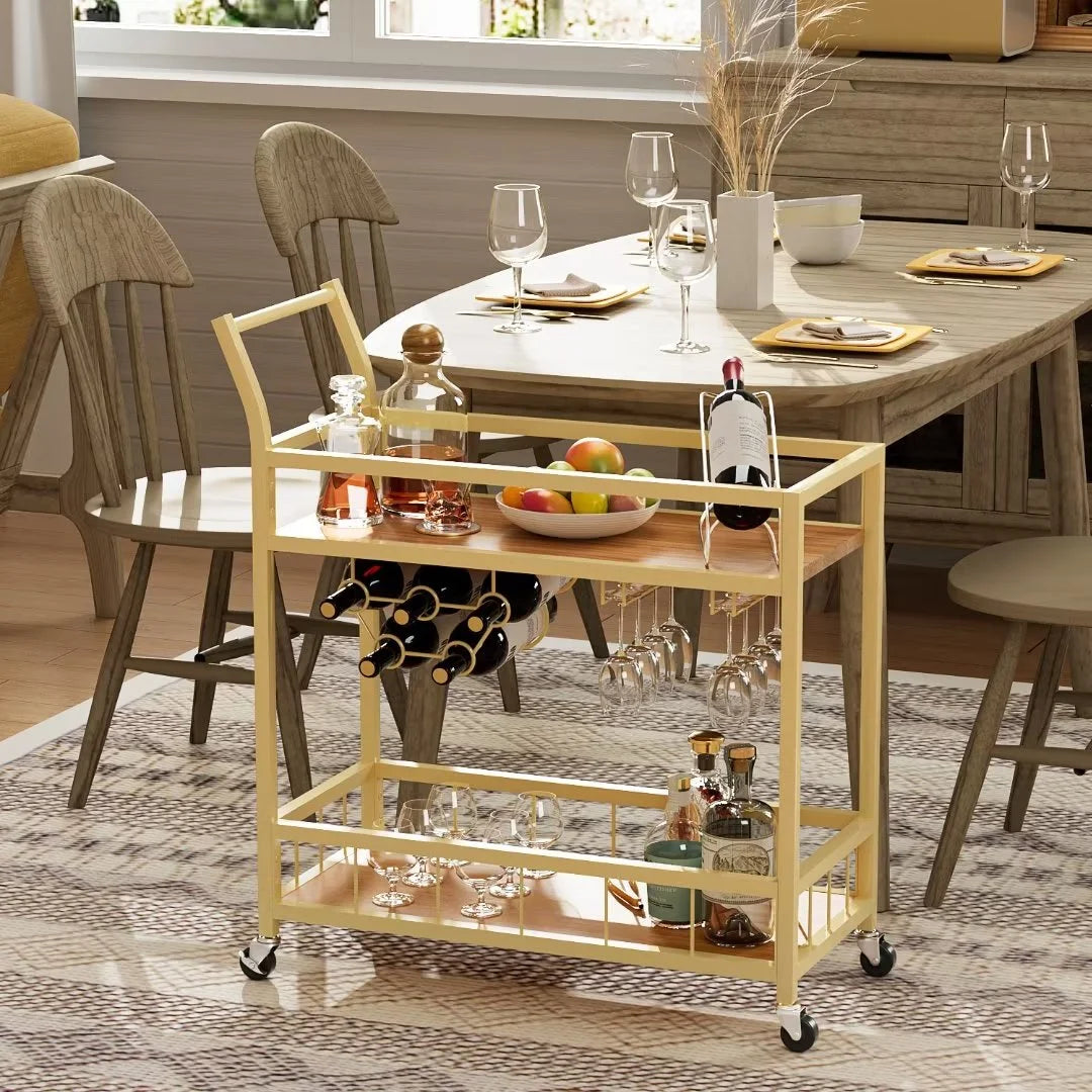 Vineego Bar Cart Home Industrial Mobile Bar Cart Serving Wine Cart on Wheels with Wine Rack and Glass Holder 2 Wood Storage Shelves for Living Room. Kitchen. Party (Gold)