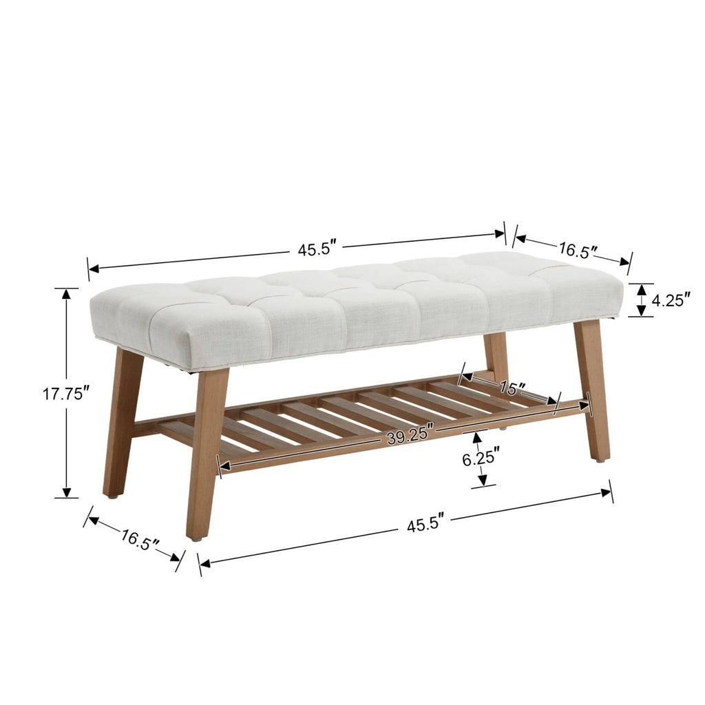Dayalane Upholstered Storage Bench with Shoe Rack.Linen Fabric Entryway Bench for Living Room. Bedroom and Hallway. Multi Functional Ottoman with Solid Wood Shelf. Beige