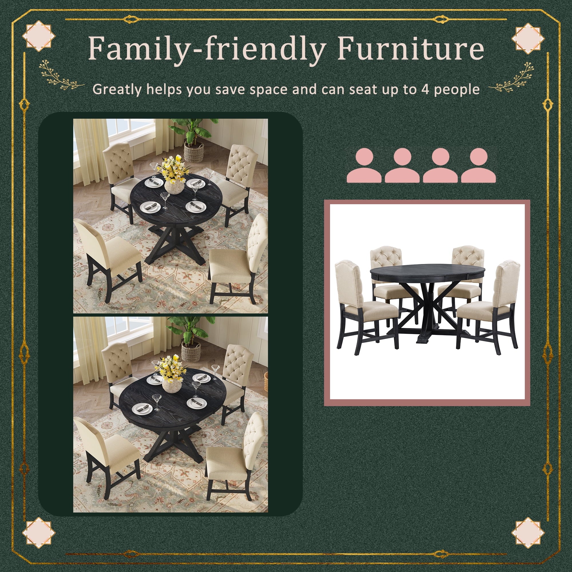 Besthome Farmhouse Extendable Round Kitchen Dining Room Table Set with Upholstered Chairs of 4. 5 Piece Round Dining Table Set with Extendable Table. Espresso
