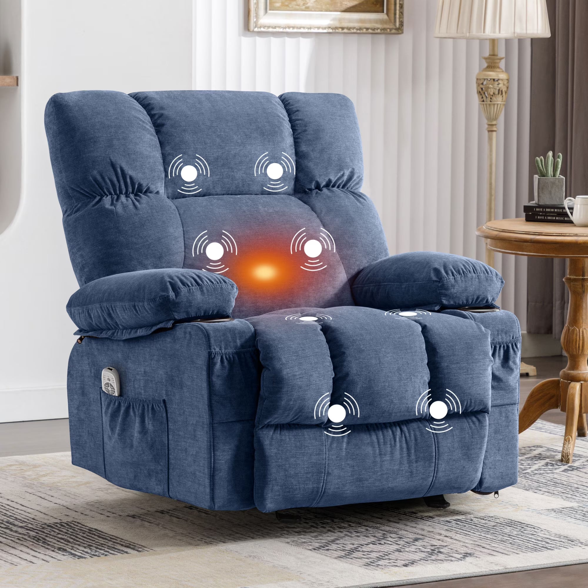 JONPONY Manual Recliner Chair with Heat Therapy and Massage Function. Heavy Duty Reclining Mechanism Massage Chair. Elderly Single Rocker Sofa with Cup Holders for Bedroom Home Theater.Grey