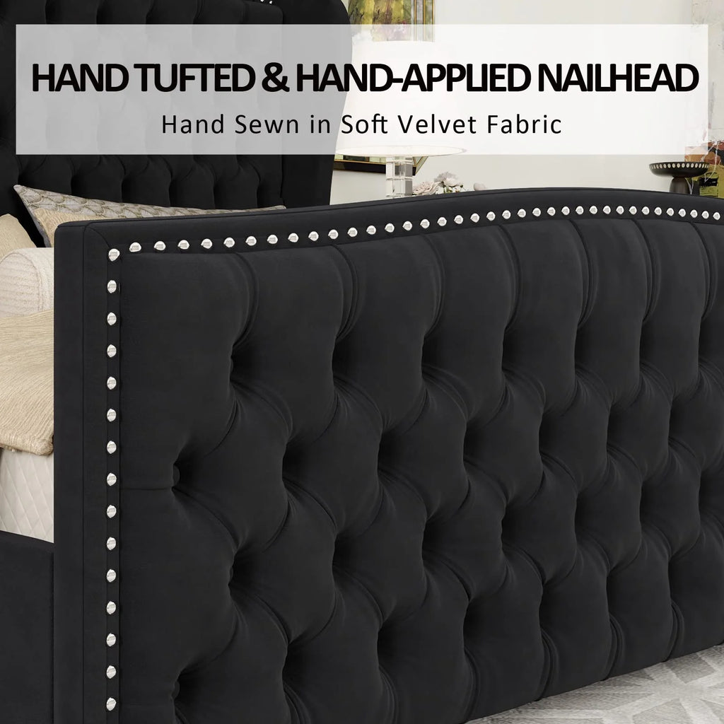 VANACC Queen Size Bed Frame. Velvet Upholstered Bed with Deep Button Tufted Wingback Headboard��Grey