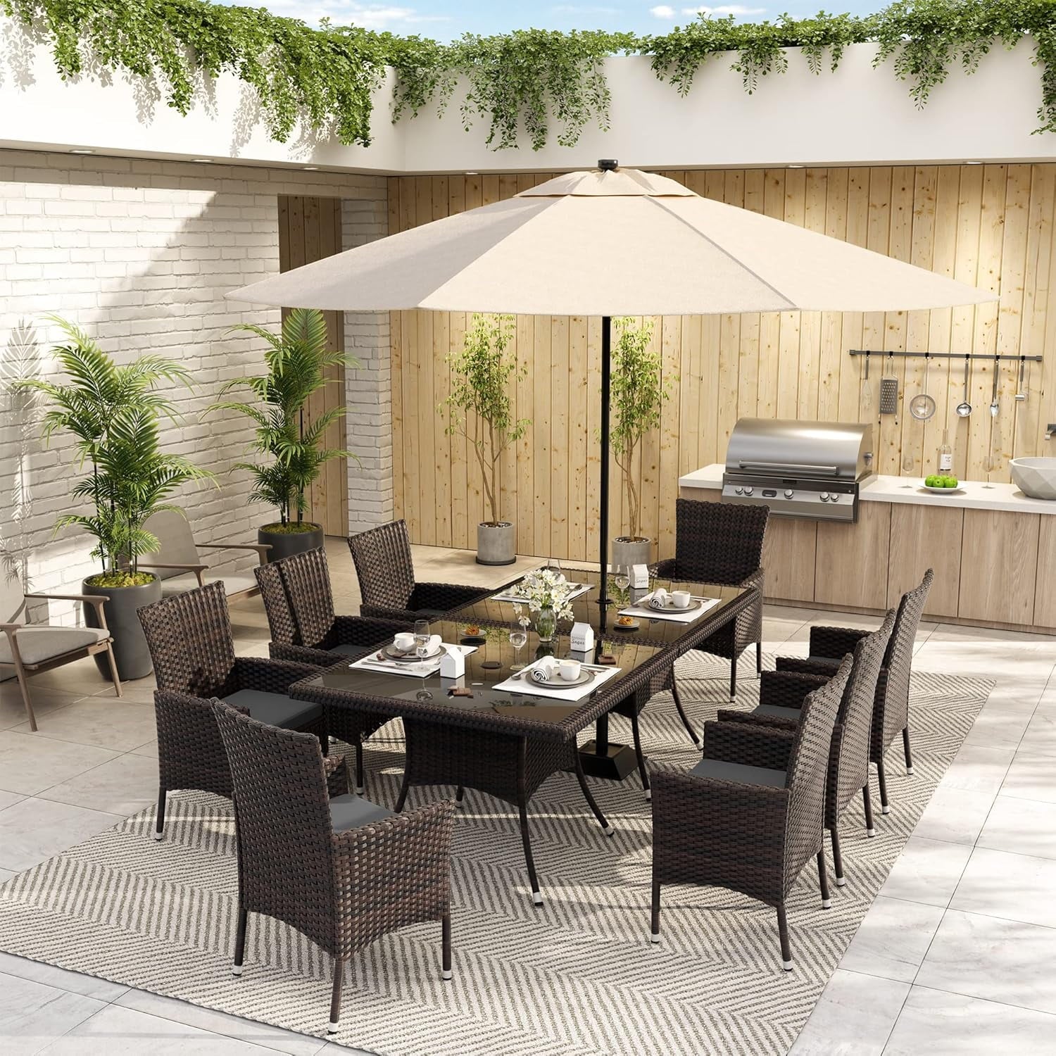 ALAULM 5 Pieces Patio Dining Set Outdoor Rattan Furniture with Square Glass Tabletop 4 Chairs with Cushions for Patio. Backyard Outdoor Kitchen Lawn & Garden Blue