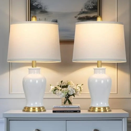 Modern Ceramic Table Lamps Set of 2. 23 White Ceramic Lamps for Living Room. Rustic Farmhouse Bedside Lamp with Ginger Jar Design. Elegant Bedroom Lamp for Nightstand Desk Side End Table Home Decor