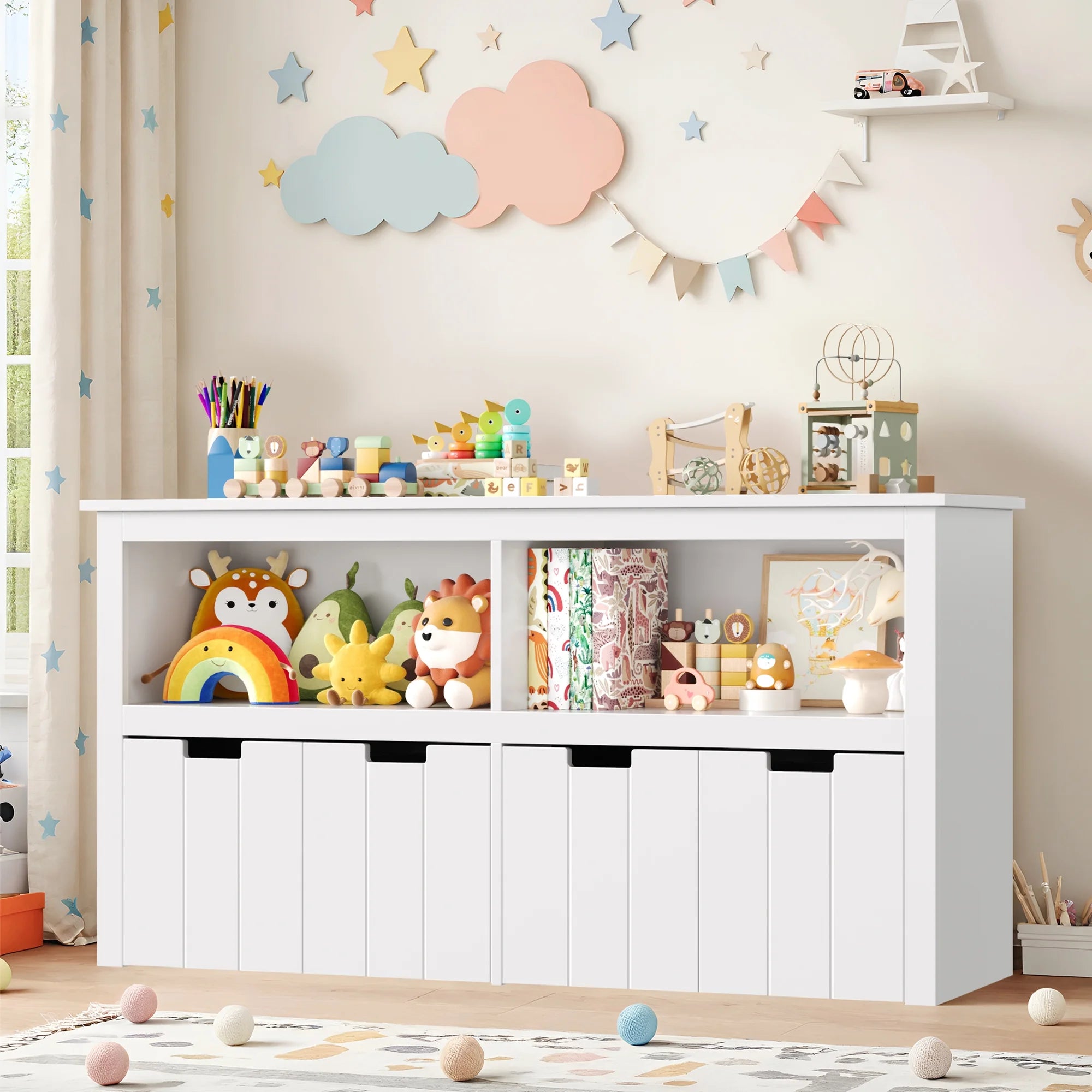 Homfa Kids Toy Storage with 4 Drawers. Cubes Storage Bin with Shelves and Wheels for Kids Living Room. White