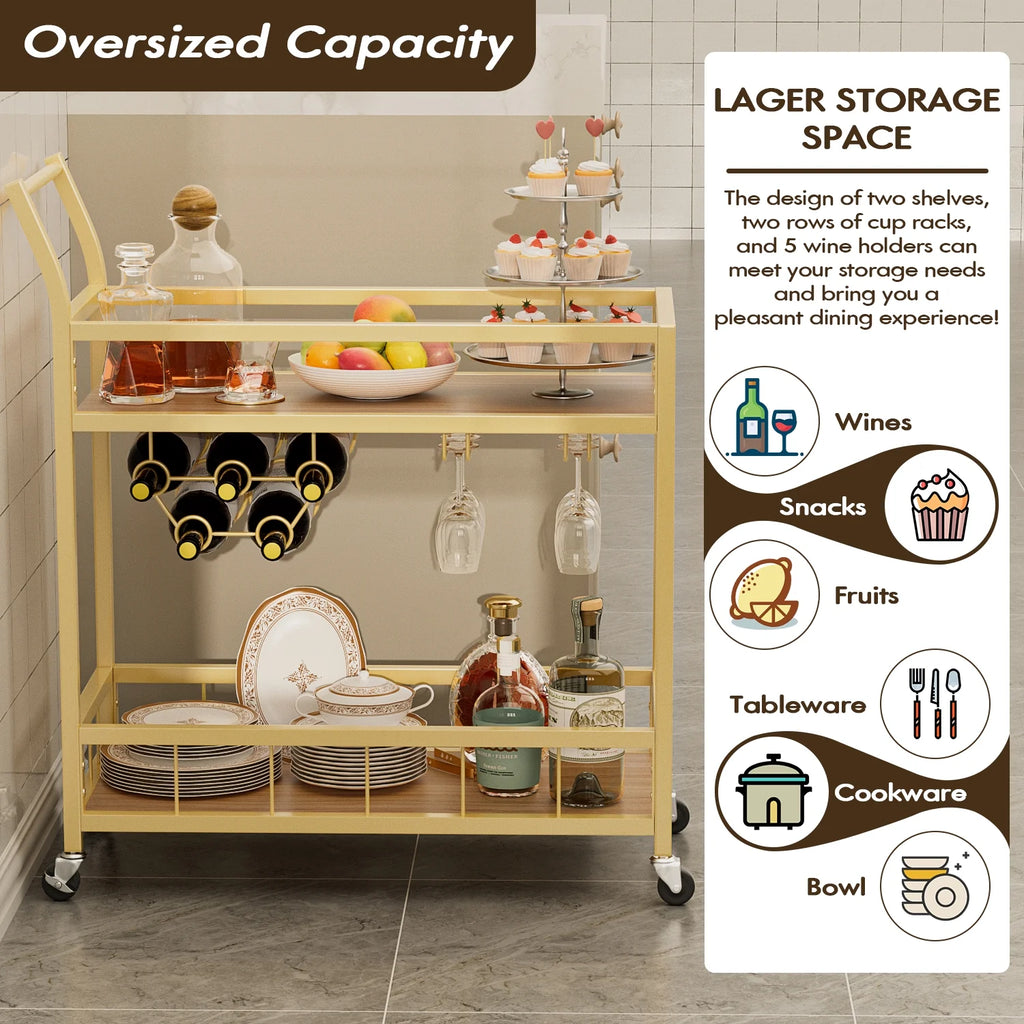 Vineego Bar Cart Home Industrial Mobile Bar Cart Serving Wine Cart on Wheels with Wine Rack and Glass Holder 2 Wood Storage Shelves for Living Room. Kitchen. Party (Gold)