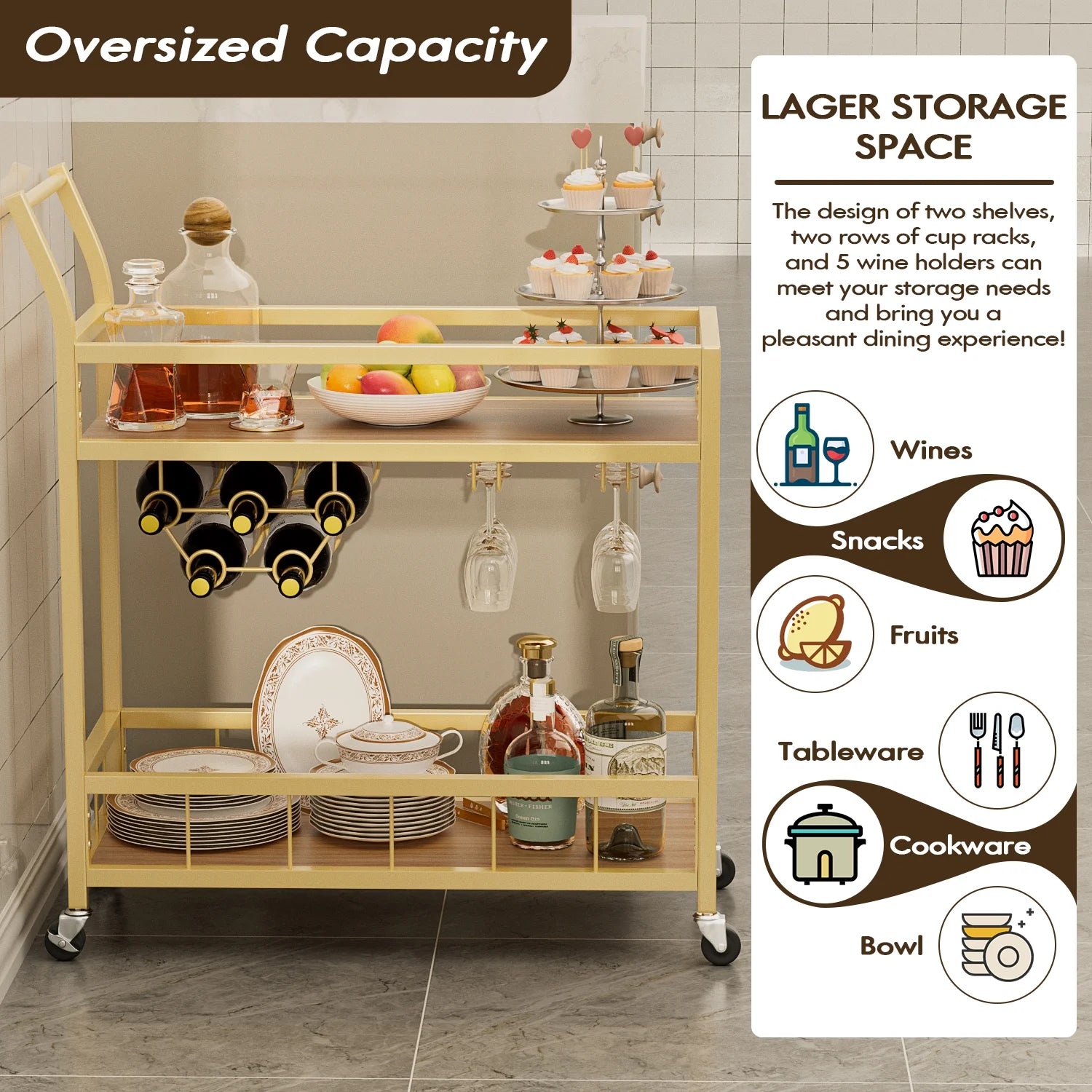 Vineego Bar Cart Home Industrial Mobile Bar Cart Serving Wine Cart on Wheels with Wine Rack and Glass Holder 2 Wood Storage Shelves for Living Room. Kitchen. Party (Gold)