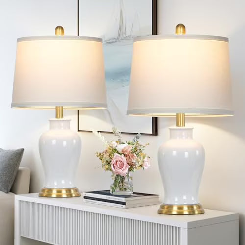Modern Ceramic Table Lamps Set of 2. 23 White Ceramic Lamps for Living Room. Rustic Farmhouse Bedside Lamp with Ginger Jar Design. Elegant Bedroom Lamp for Nightstand Desk Side End Table Home Decor