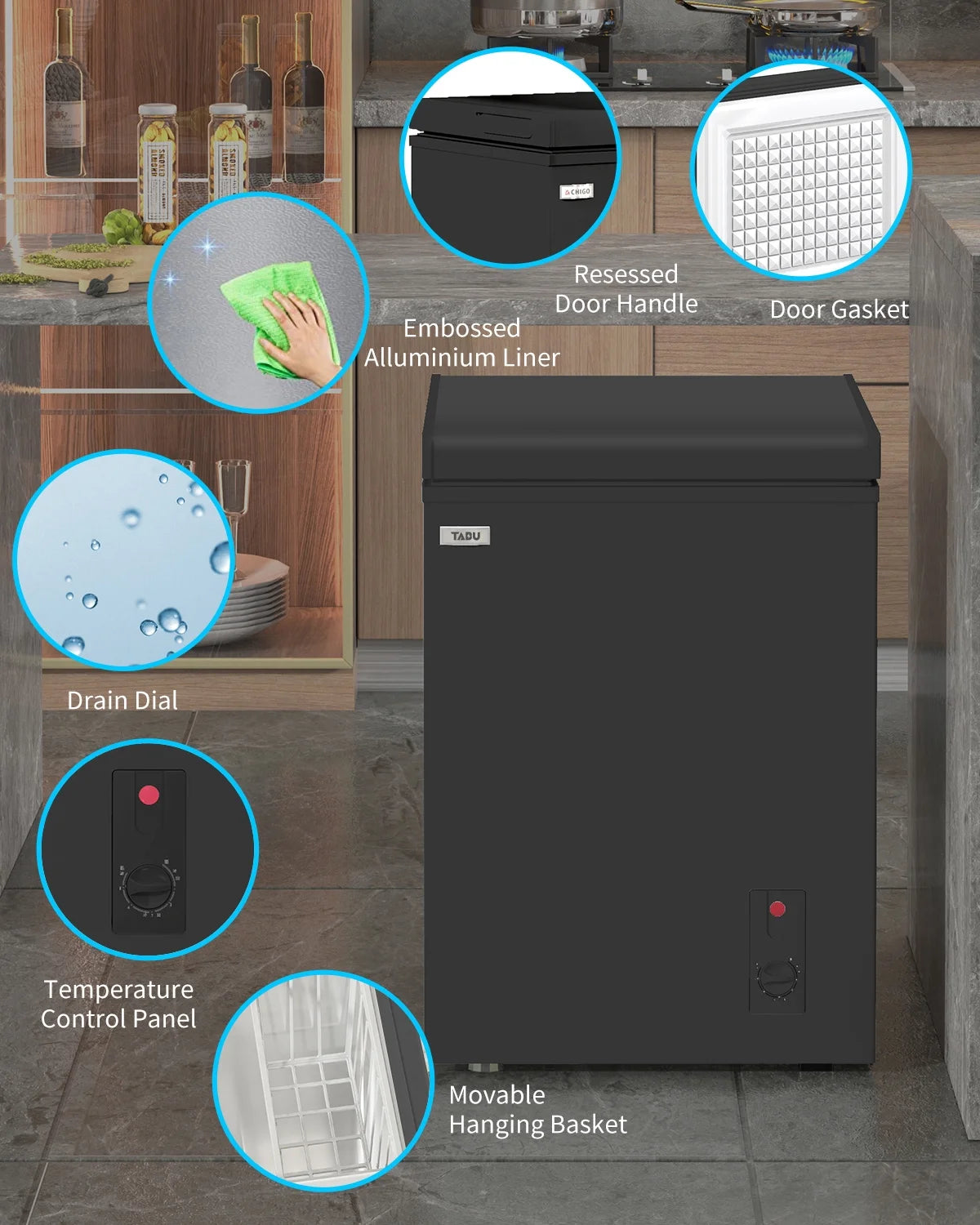 TABU Chest Freezer.3.5 Cu ft Deep Freezer.Garage Ready.Top Open Door.Black