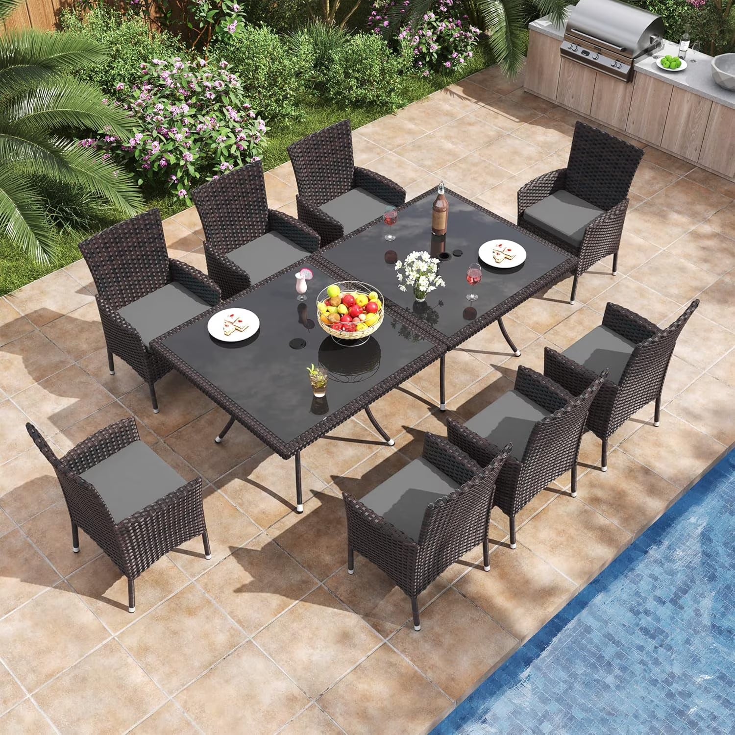 ALAULM 5 Pieces Patio Dining Set Outdoor Rattan Furniture with Square Glass Tabletop 4 Chairs with Cushions for Patio. Backyard Outdoor Kitchen Lawn & Garden Blue