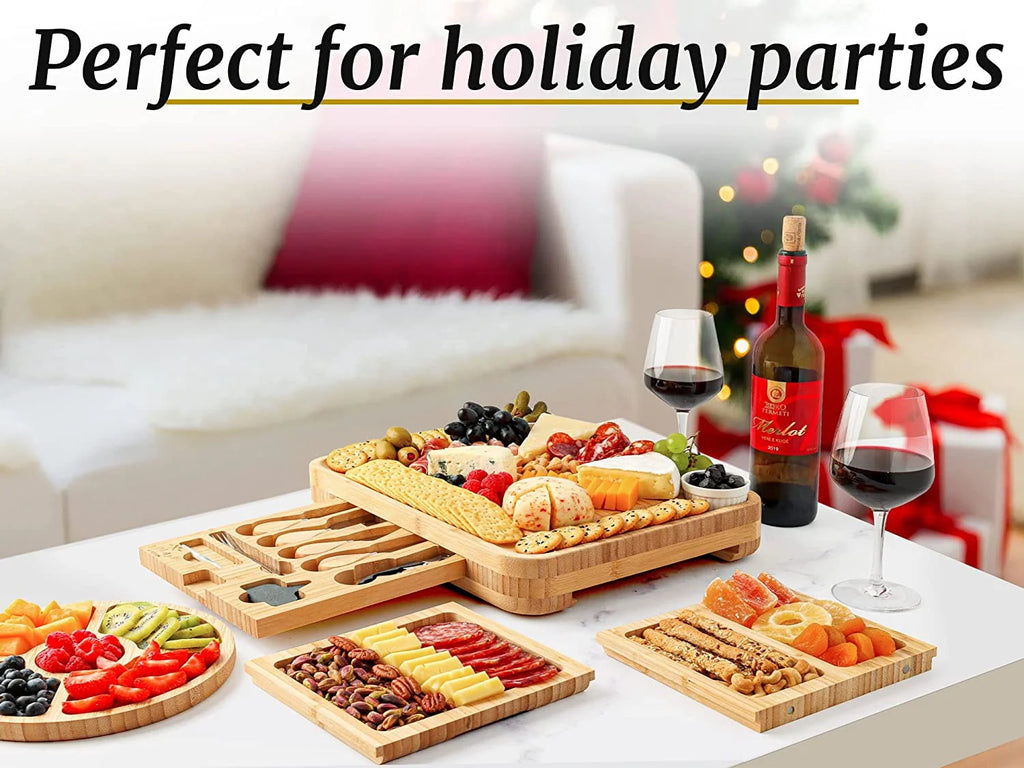 Zulay Kitchen Bamboo Cheese Board Set Extra Thick Charcuterie Board 15 Piece - Deluxe Set