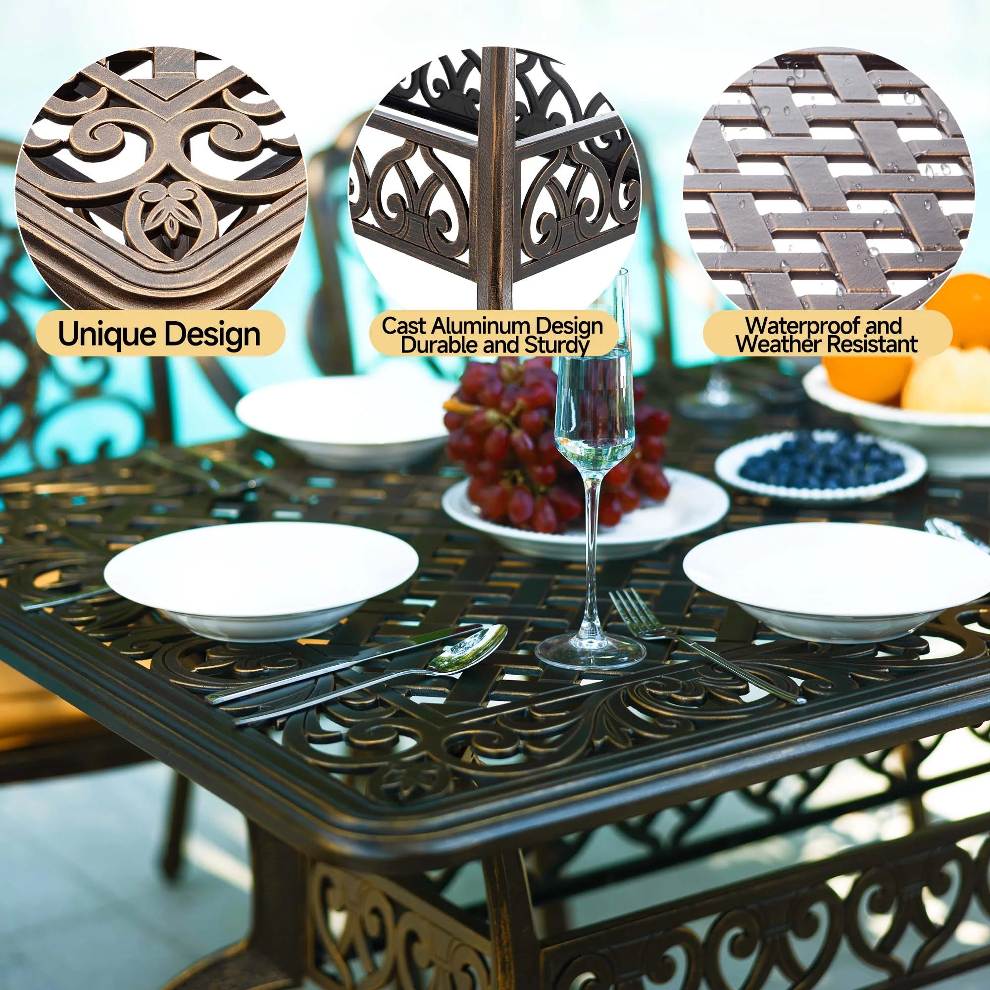 7-Piece Patio Furniture Dining Set. All-Weather Cast Aluminum Outdoor Table and Chairs for 6. Includes 4 Dining Chair & 2 Swivel Chairs & 60���� Rectangular Table. Beige