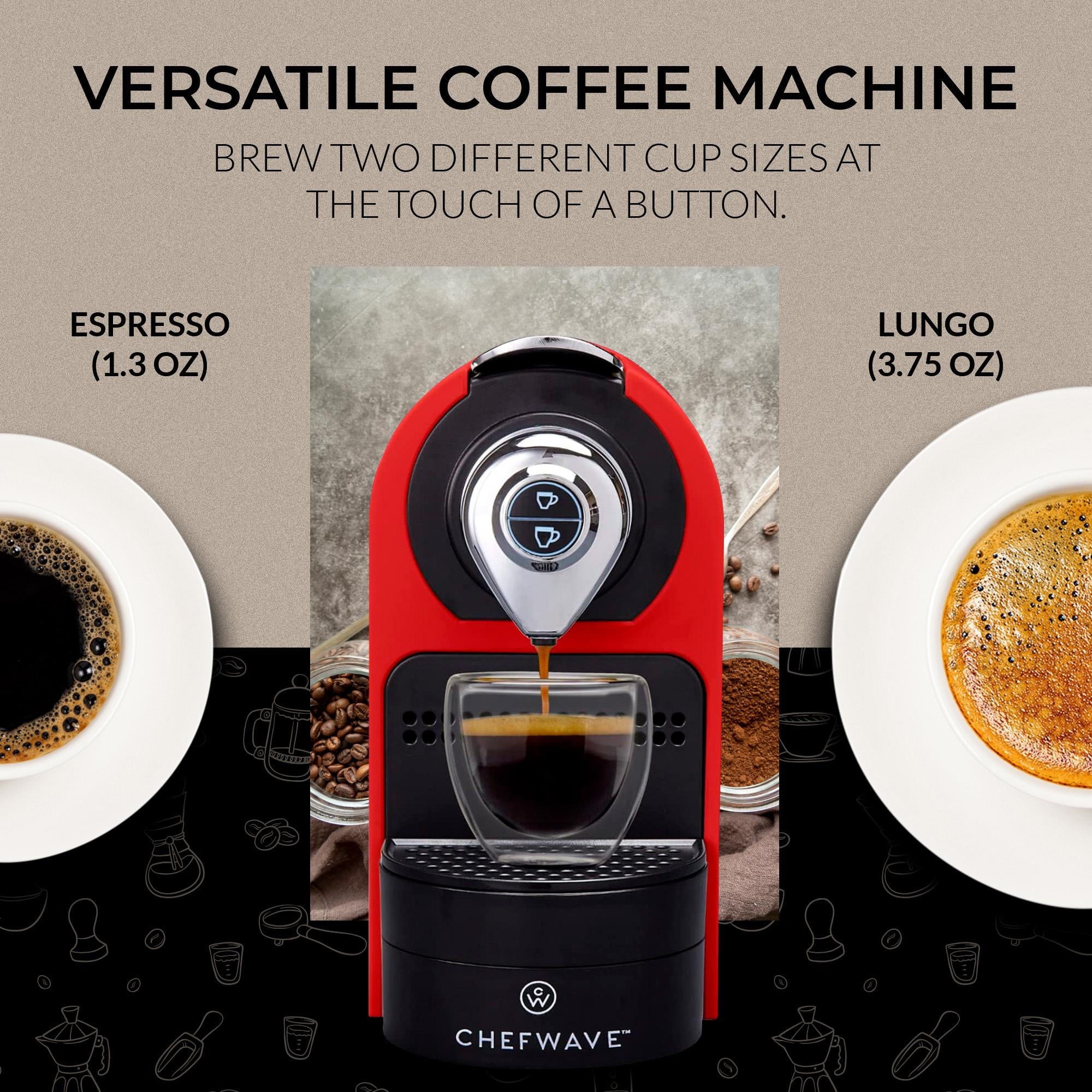 ChefWave Espresso Machine for use with Nespresso Capsules (Red). Holder and Cups