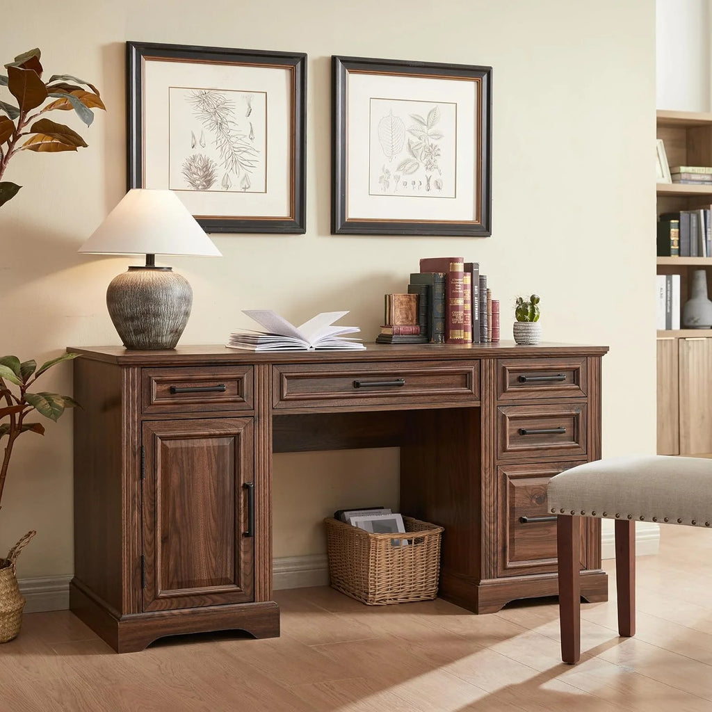 T4TREAM Farmhouse Wood 58 Executive Desk. Home Office 30 High Computer Desk with Drawers and Storage Cabinet. White