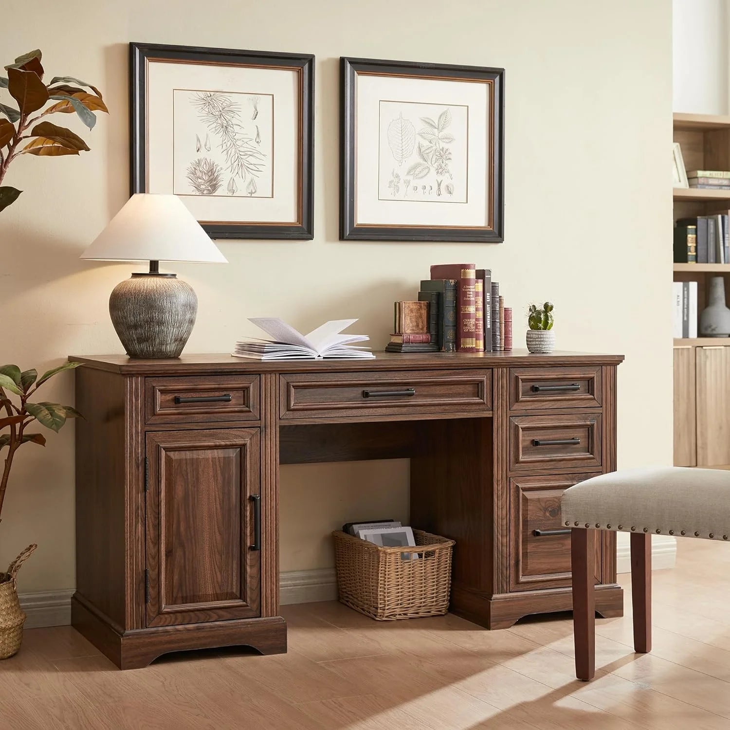 T4TREAM Farmhouse Wood 58 Executive Desk. Home Office 30 High Computer Desk with Drawers and Storage Cabinet. White