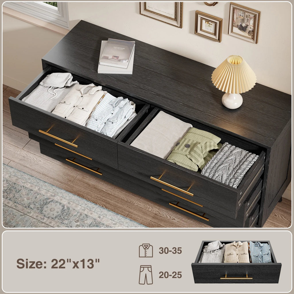 Noelse 3 Piece Bedroom Furniture Set. 6 Drawer Dresser with 2 Nightstands. Modern Wood Storage Organizer with Metal Handles for Bedroom. Living Room.Black