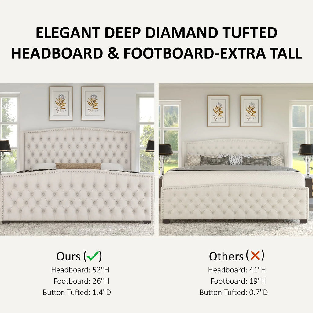 VANACC Queen Size Bed Frame. Velvet Upholstered Bed with Deep Button Tufted Wingback Headboard��Grey